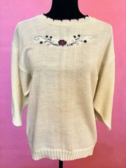 Vintage 1970s Nan Dorsey Cream Acrylic Knit Sweater Flower Embroidery – Medium