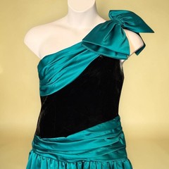 Nolan Miller Dynasty One Shoulder Teal Taffeta Formal Gown Bow Velvet Bodice 80s