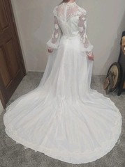 VTG 1970s Beaded Wedding Dress High Neck Illusion Lace Angel Sleeve ILGWU Train