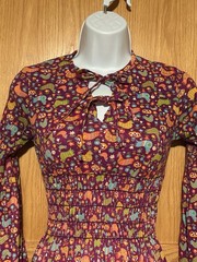 Vintage 60s 70s Whimsical Purple Chicken Print Bell Sleeve Keyhole Mini Dress S