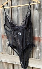 Y2K Vintage Midnight Hour Lingerie Teddy Black Beige Lace Deep v Neck Size L