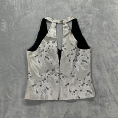 Vintage Silver Floral Brocade Halter Top 90s Y2K Evening Blouse Zip Back