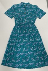 Leslie Fay Short Sleeve Dress Vintage 10P Teal With Blue Flowers Shoulder Pads
