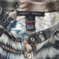 Yansi Fugel Vintage Tunic Abstract Print gray tan Long-Sleeve half Button-Up L