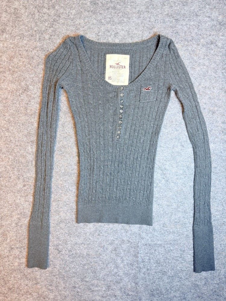 VTG Y2K Hollister Cable Knit Henley Gray Sweater Women’s Sz XS Bella Swan Elena