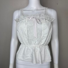 Vtg 1950s White Seersucker Lingerie Tank Top Peplum Blouse Lace 50s Loomcraft