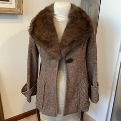 Vintage 60’s tweed/wool/fur fitted coat-patch pockets, bell sleeves w/cuffs