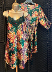 Floral CALIFORNIA MISS PEIGNOIR Set Green Short Medium ROBE & GOWN Dark Lace 2pc