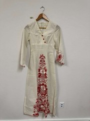 Vtg 55 In Long Embroidered Caftan Muumuu Red White Cream Flowers Handmade Maxi