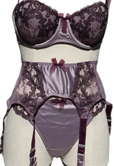 Vtg NOS Bra Bikini Panty Garter Belt Set Secrets in Lace Satin Plum Purple M 34C