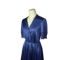 Vintage Flair Robe Women Small Navy Blue Satin Eyelet Lace Trim Maxi Wrap