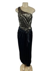 Vintage One-Shoulder Metallic Zebra Print Dress With Black Skirt & Tie Waist Siz