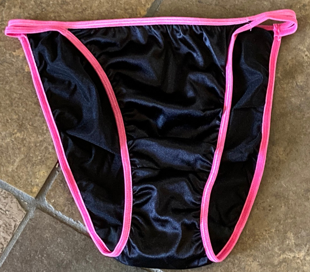 Black Pink Trim 9/2XL Double String Hi Shine Second Skin String Panties NWOT