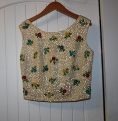 Vintage House of Gold Top Womens Size 42 Sequin Floral Beaded Sleeveless Wool HK
