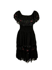 Vintage 1970s Mexican Black Peasant Dress Flounce Lace Neckline Floral Embroider