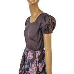 70s Square Dance Co Vintage Brown Quilted Floral Puff Sleeve full skirt Dress