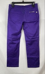 Vintage 90s Versace Women’s Purple Jacquard Logo Low Rise Pants Made in Italy 28