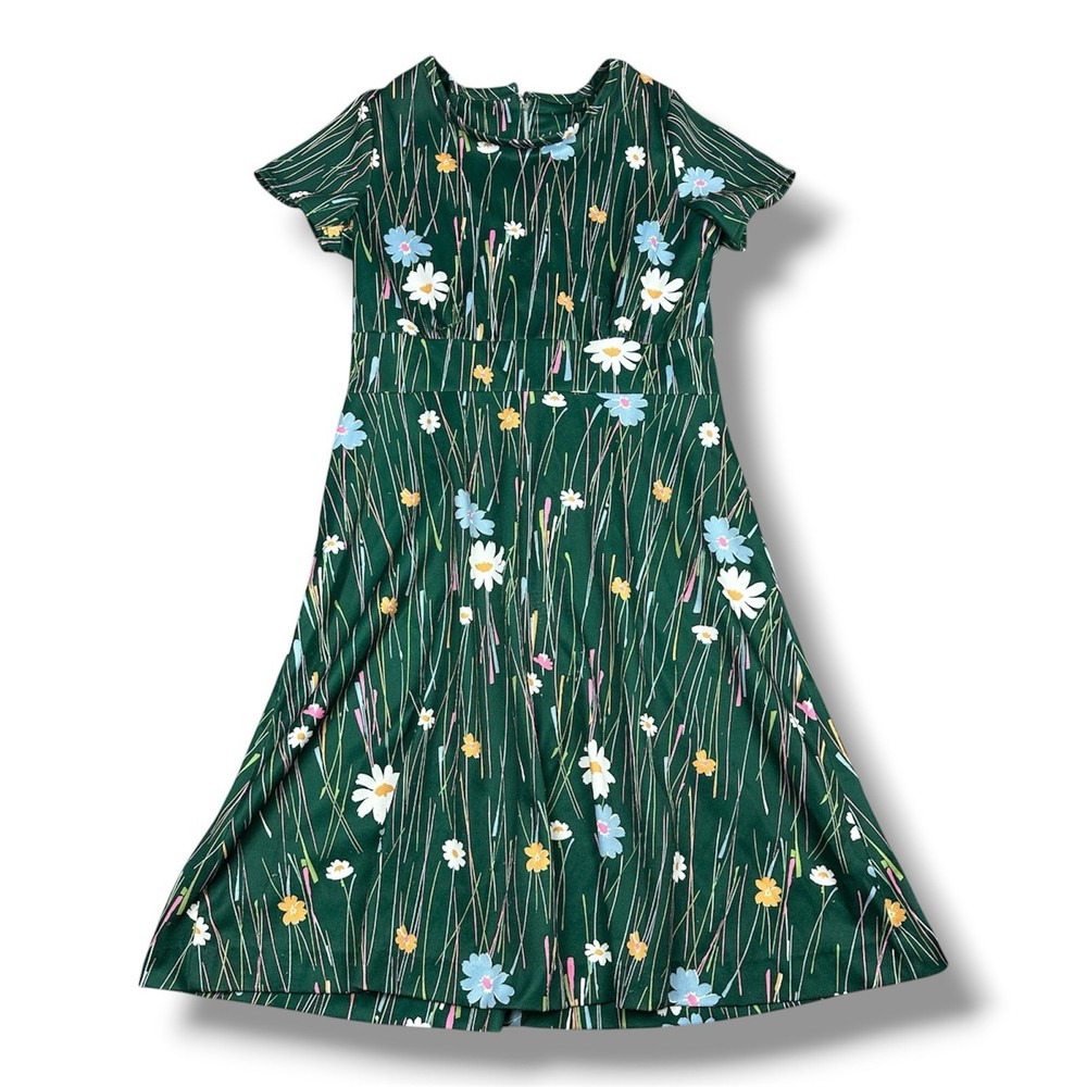 Vtg 70’s Women’s Shift Dress Green Retro Floral Print Polyester 32” W 40” L