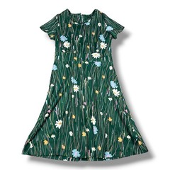 Vtg 70’s Women’s Shift Dress Green Retro Floral Print Polyester 32” W 40” L