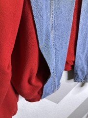 Jerzees Womens Red Denim Tribal Jacket Open Front Reworked 90s 3XL Handmade Vtg
