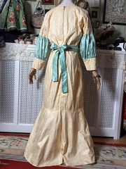 Vintage 1970s Medieval Style Gown, Blue & White Cotton Jacquard