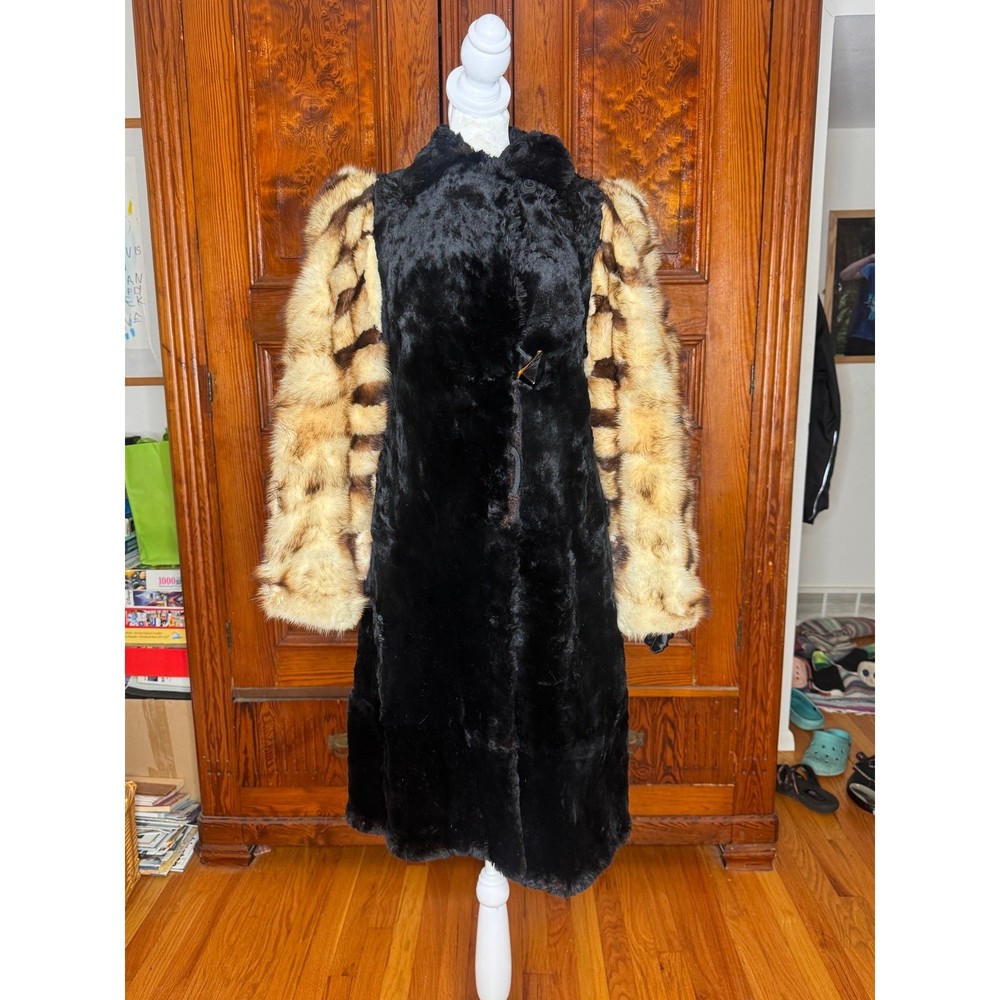 VTG 30s Sonnenfelds Black Sheared Lamb Red Fox Fur Coat Art Deco Hollywood S/M