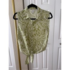 Joie Olive Top Green and White Printed Button-Up Tie Size M 90s Y2K