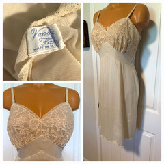 VTG 1960’s VANITY FAIR SOFT BEIGE W/ LACE BODICE & TRIM FULL SLIP SZ 36