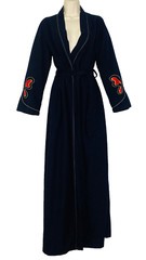 Vintage 1970s long black robe embroidered red butterfly wrap sleeve velvet dress