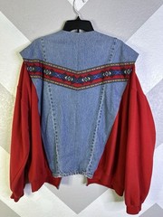 Jerzees Womens Red Denim Tribal Jacket Open Front Reworked 90s 3XL Handmade Vtg