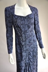 Vintage 1930s Blue Black Silver Floral Lame Maxi Dress Sweeping Skirt Deco Seams