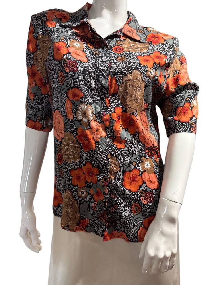 Vintage The Newline Black and Orange Flower Button Shirt Large