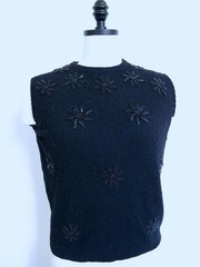 Vintage 50s 60s Wool Angora Beaded Sleeveless Sweater Shell Top Black 36″ Bust