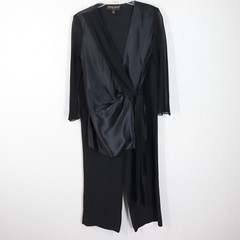 Vtg Donna Ricco New York Pant Suit 8 Black Silk 2 Pc Wrap Top Stretch Waist