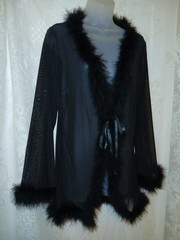 Vintage 90s Windsor Black Feather Maribou Sheer Nylon Peignoir Robe Pinup O/S