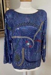 80’s Judith Ann Creations Blouse Top Sz M Silk Sequins Beads Blue Art to Wear