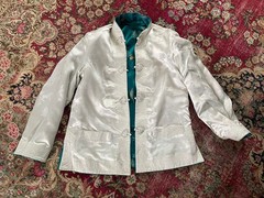Vintage 50s Solz Squirrel Turquoise Satin Brocade Cheongsam Dress Jacket Set M/L