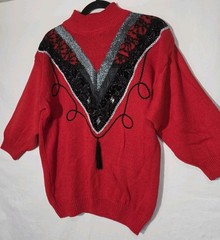 C’est Joli Too Vintage 80s Sweater Womens Med/Lrg Red Sequin Lace Tassel Glam