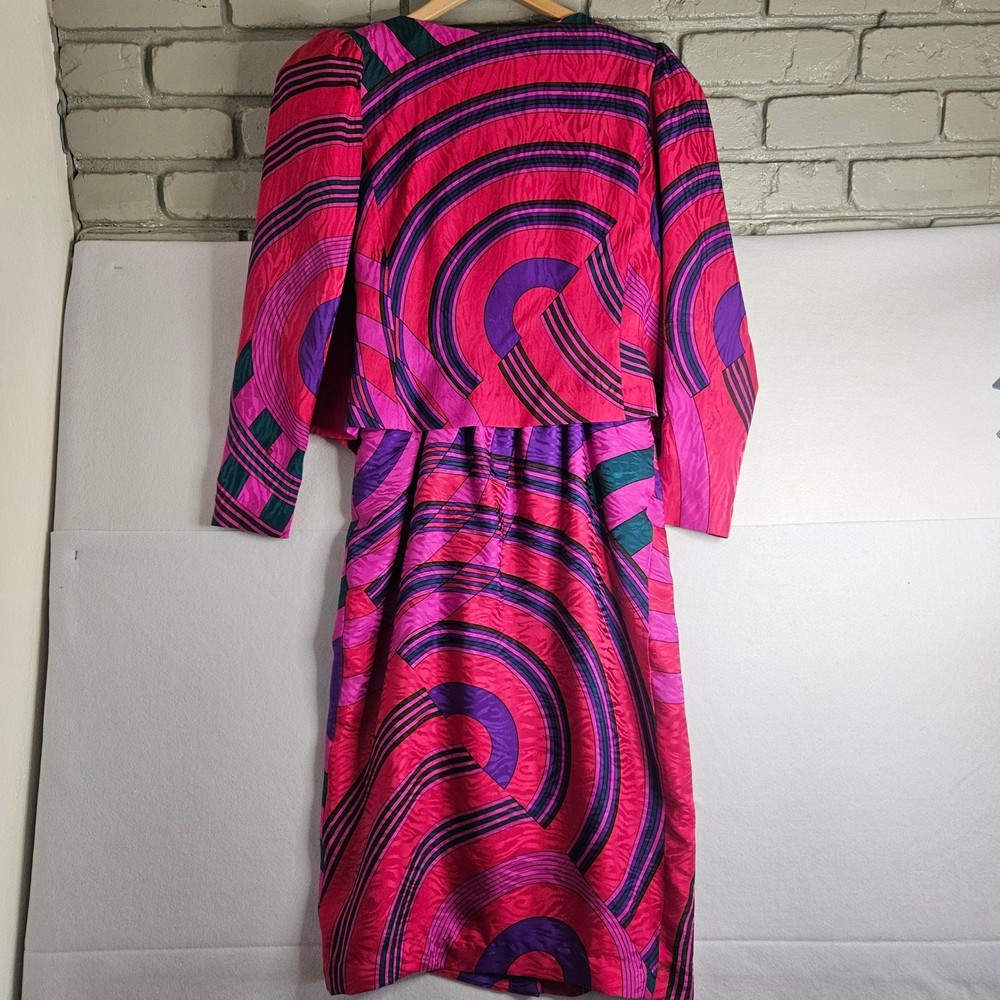 Anne Crimmins UMI Collections Silk 2 Pc Dress Set 80s Pink Purple Geometric 10