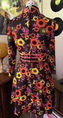Stunning Vintage 60s-70s Bright Neon Psychedelic Mod Flower Power Flare Dress S