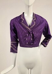 VICTORIAN PINSTRIPED PURPLE SILK TAFFETA BODICE W BRAID + BEADED BUTTONS