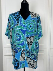 EHL Vintage 90’s Size 14 Short Sleeve Button Up Blouse Blu Grn Abstract Pattern