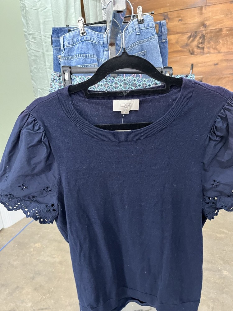 LOFT Outlet Women’s Small Navy Blue Mixed Media Eyelet Puff Sleeve Top