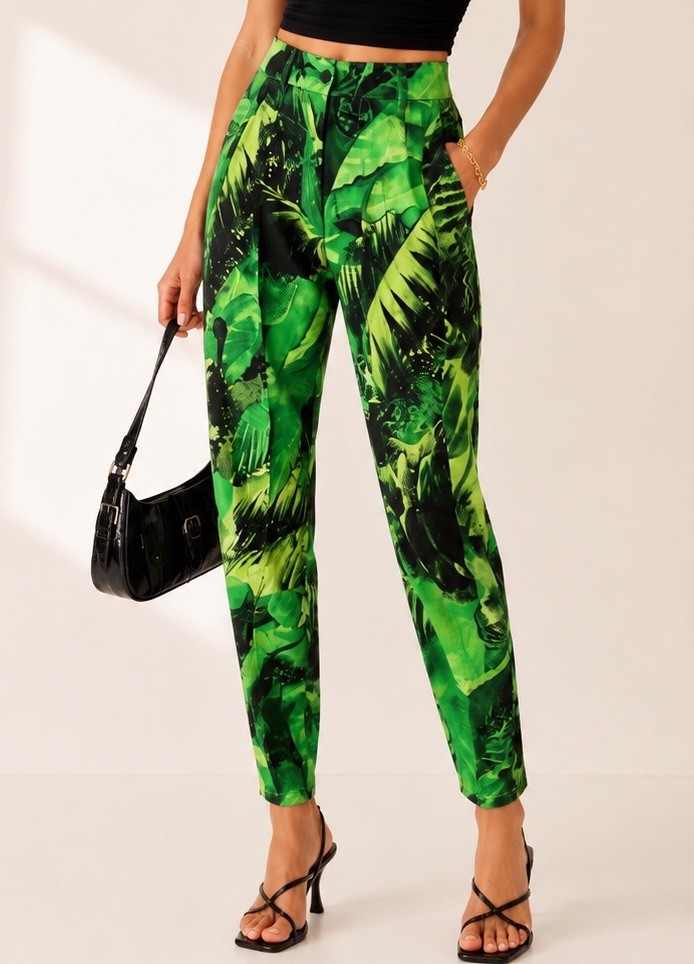 VTG Escada Margaretha Ley Tropical Jungle Print Pant Women Sz 36 Green Botanical