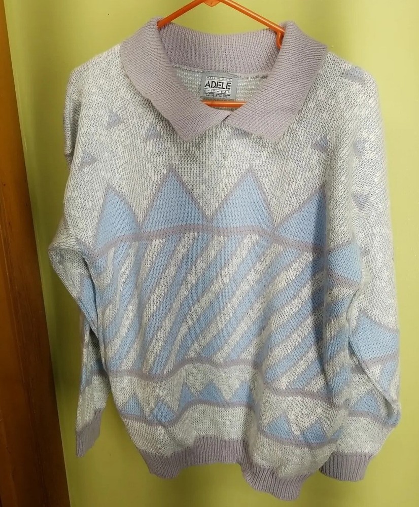Vintage Adele Collared Knit Sweater Baby Blue Gray Geometric Shapes P2P 23 In