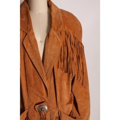 1980s Tan Brown Leather Long Sleeve Fringe Western Coat by Frontier Collection