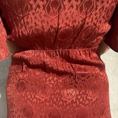 Vintage 1930s Red Deco Snakeskin Brocade Satin Rayon Dress Bonwit Teller Ruffle
