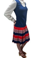 Vtg 60s 14 Sz M~L Dress Red White blue Textured Poly Drop Waist Dagger Collar