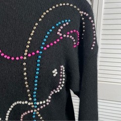 Vintage 80s Amanda Beaded Reindeer Sweater L Silk Angora Black Holiday