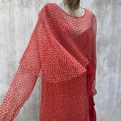 Antique 1920s Red Silk Chiffon Dress Polka Dot Asymmetrical Bow Marjone Vintage